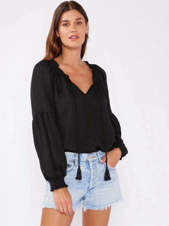 Lovestitch Tops - Lovestitch Women's Black Peasant Blouse Small Tassel Tie Cottagecore Top